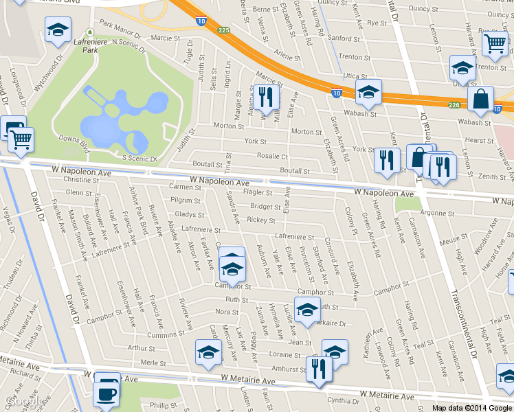 map of restaurants, bars, coffee shops, grocery stores, and more near 6001 Bridget Street in Metairie
