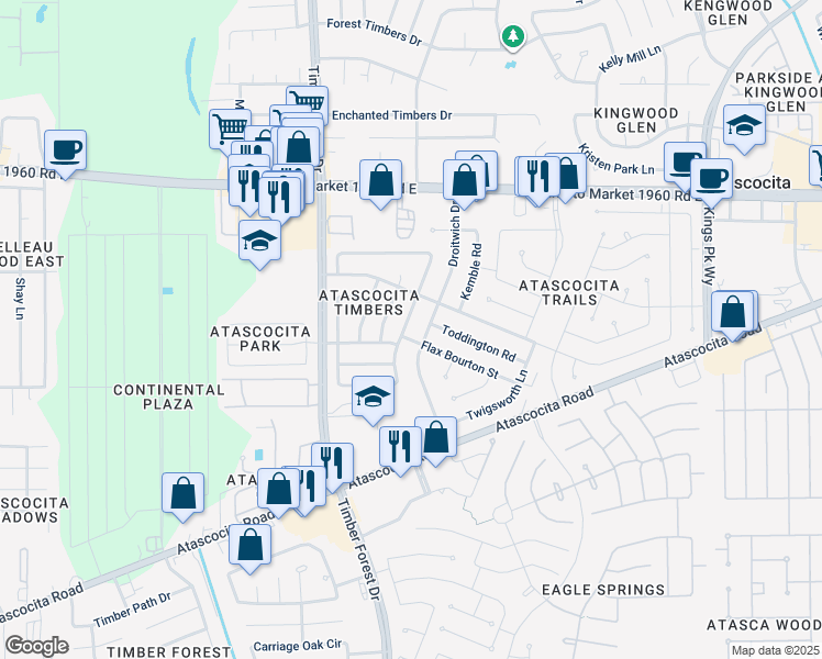 map of restaurants, bars, coffee shops, grocery stores, and more near 18718 Timbers Drive in Humble