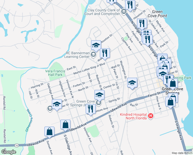 map of restaurants, bars, coffee shops, grocery stores, and more near 1202 Forbes Street in Green Cove Springs