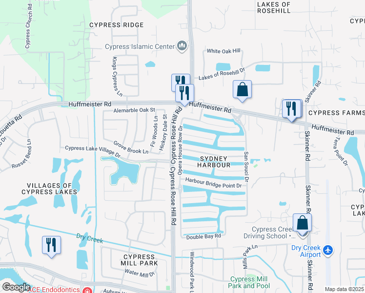 map of restaurants, bars, coffee shops, grocery stores, and more near 18134 Obelisk Bay Drive in Cypress