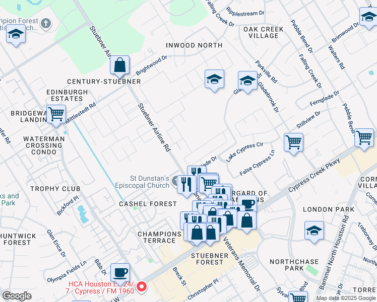 map of restaurants, bars, coffee shops, grocery stores, and more near 4086-4098 Fernglade Drive in Houston