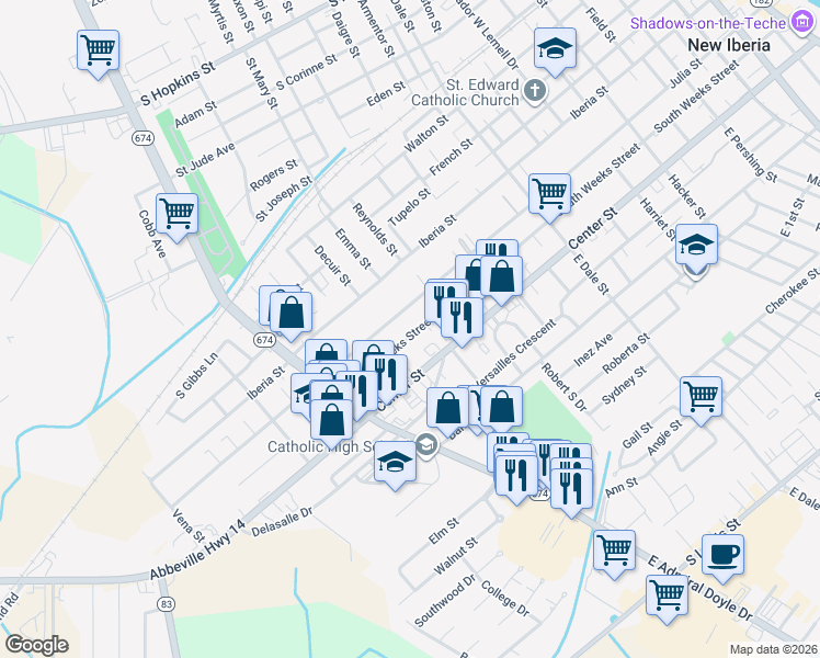 map of restaurants, bars, coffee shops, grocery stores, and more near 1310 South Weeks Street in New Iberia