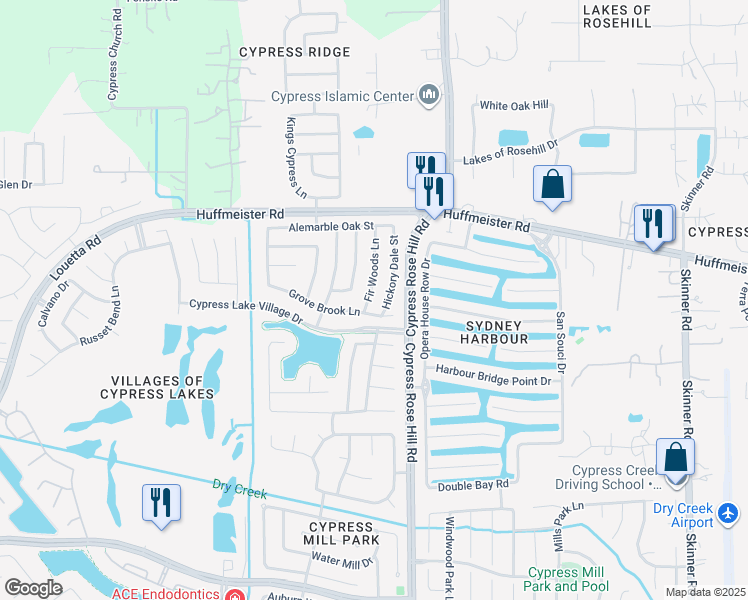 map of restaurants, bars, coffee shops, grocery stores, and more near 15314 Fir Woods Lane in Cypress