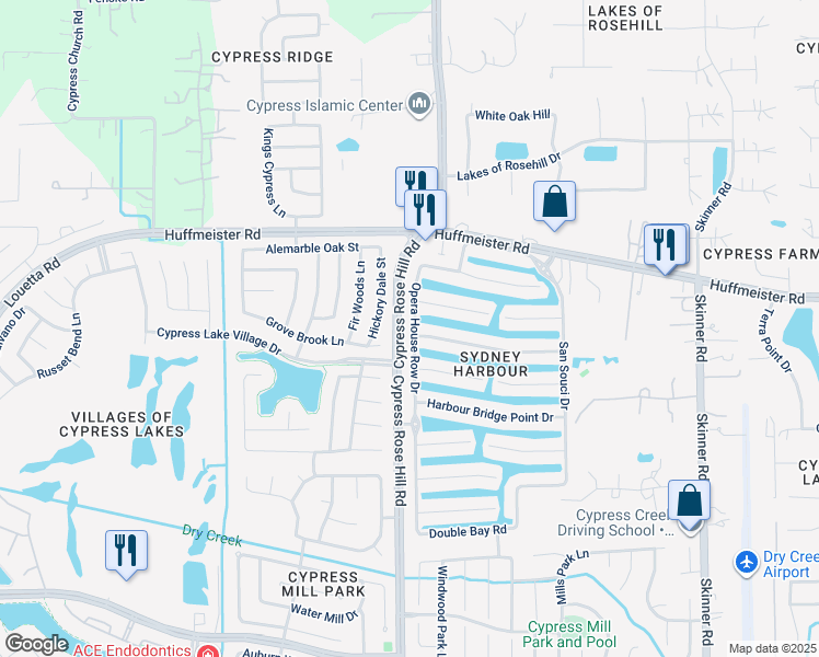 map of restaurants, bars, coffee shops, grocery stores, and more near 15407 Opera House Row Drive in Cypress