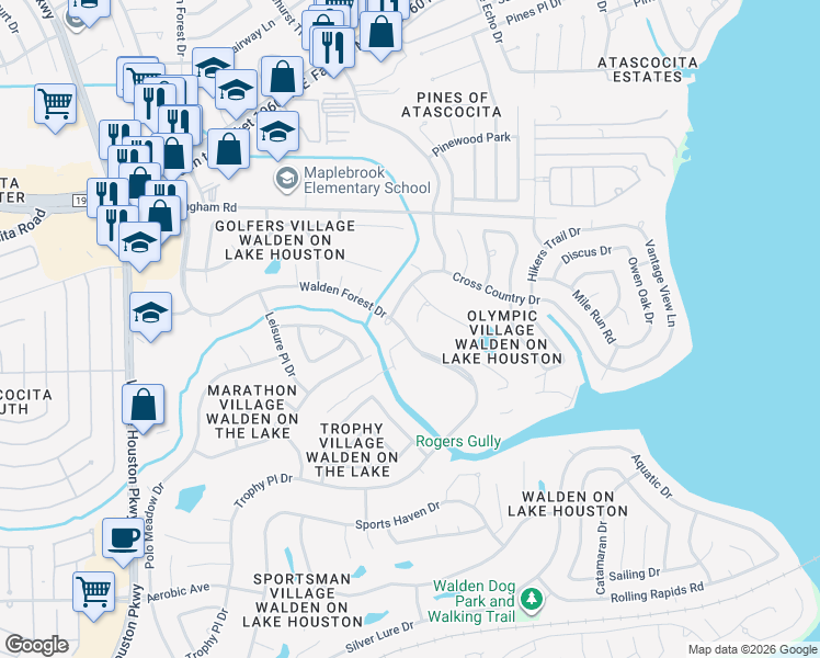 map of restaurants, bars, coffee shops, grocery stores, and more near 18306 Walden Forest Drive in Humble