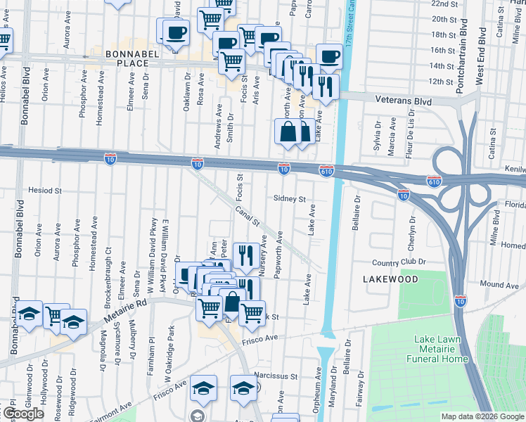map of restaurants, bars, coffee shops, grocery stores, and more near 432 Papworth Avenue in Metairie