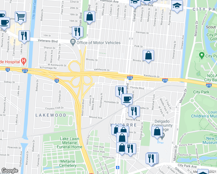 map of restaurants, bars, coffee shops, grocery stores, and more near 402 Florida Boulevard in New Orleans