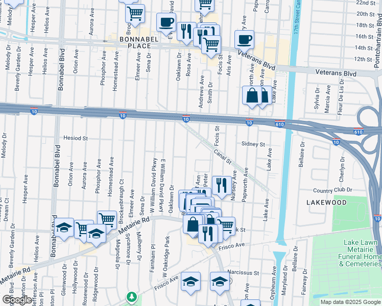 map of restaurants, bars, coffee shops, grocery stores, and more near 413 Rosa Avenue in Metairie