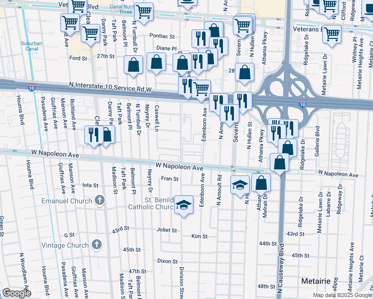 map of restaurants, bars, coffee shops, grocery stores, and more near 2300 Edenborn Avenue in Metairie