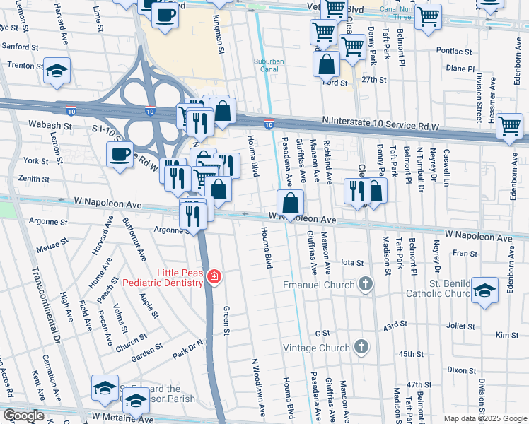 map of restaurants, bars, coffee shops, grocery stores, and more near 4204 Eureka Street in Metairie