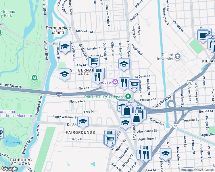 map of restaurants, bars, coffee shops, grocery stores, and more near 3605 Duplessis Street in New Orleans