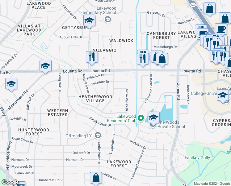 map of restaurants, bars, coffee shops, grocery stores, and more near 15122 Forest Lodge Drive in Houston