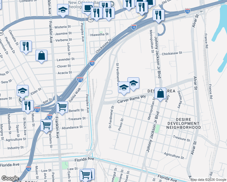 map of restaurants, bars, coffee shops, grocery stores, and more near 216 Liberty Terrace in New Orleans