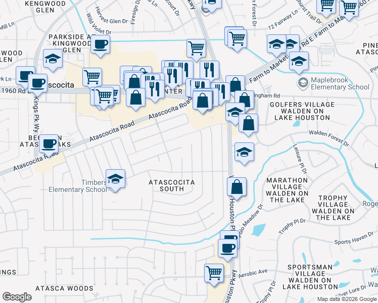 map of restaurants, bars, coffee shops, grocery stores, and more near 18931 Sandia Pines Drive in Humble