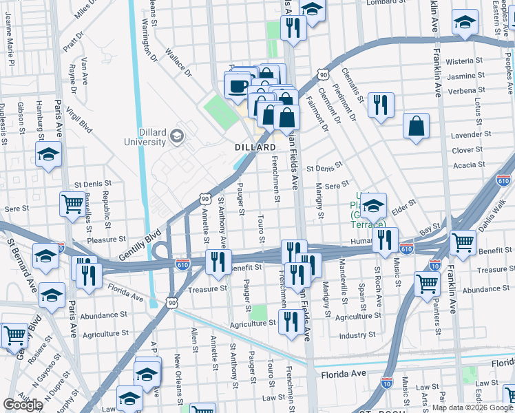 map of restaurants, bars, coffee shops, grocery stores, and more near 2067 Lafreniere Street in New Orleans