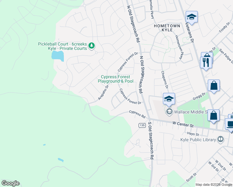 map of restaurants, bars, coffee shops, grocery stores, and more near 205 Clearwater Way in Kyle
