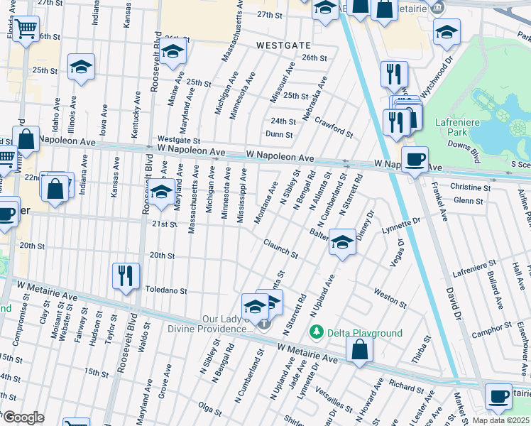 map of restaurants, bars, coffee shops, grocery stores, and more near 1433 Montana Avenue in Kenner