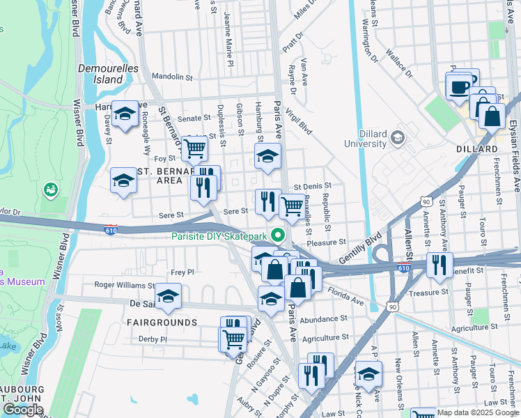 map of restaurants, bars, coffee shops, grocery stores, and more near 1531 Sere Street in New Orleans