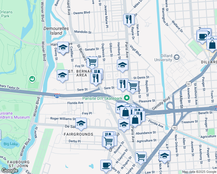 map of restaurants, bars, coffee shops, grocery stores, and more near 1463 Sere Street in New Orleans