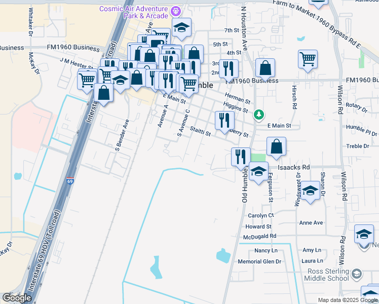 map of restaurants, bars, coffee shops, grocery stores, and more near 416 South Avenue D in Humble