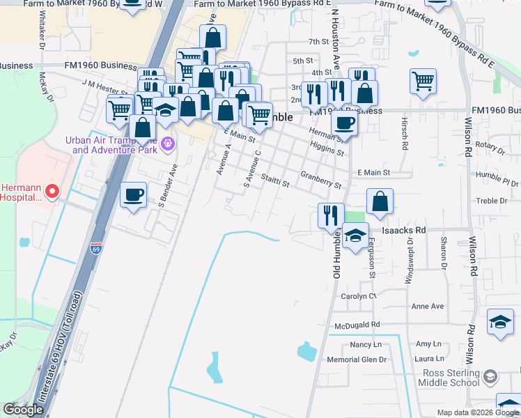 map of restaurants, bars, coffee shops, grocery stores, and more near 522 South Avenue D in Humble