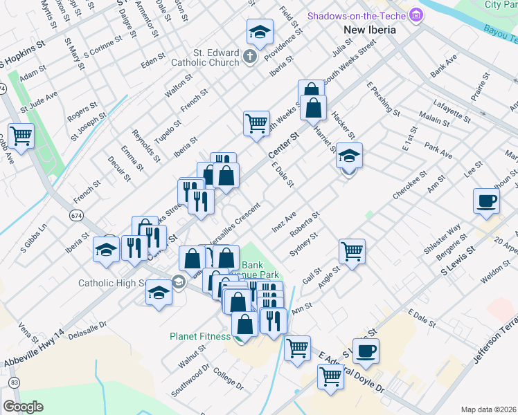 map of restaurants, bars, coffee shops, grocery stores, and more near 1011 Versailles Crescent in New Iberia