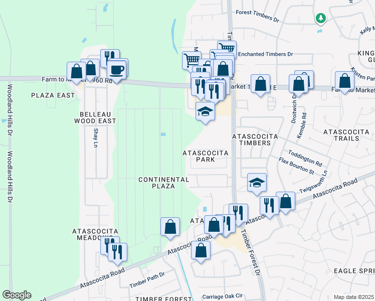 map of restaurants, bars, coffee shops, grocery stores, and more near 18715 Timbers Edge Drive in Humble