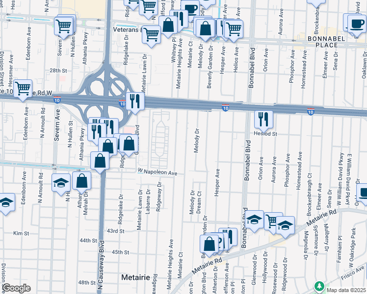 map of restaurants, bars, coffee shops, grocery stores, and more near 2112 Metairie Court in Metairie