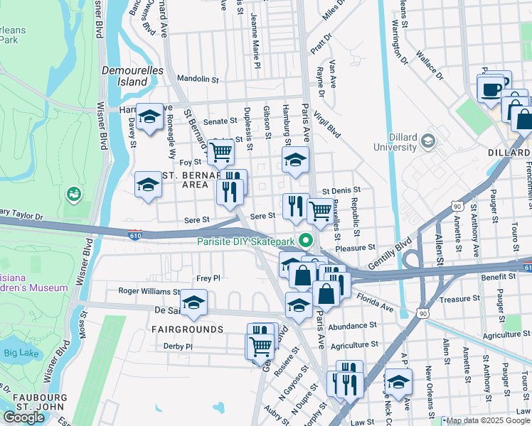 map of restaurants, bars, coffee shops, grocery stores, and more near 1471 Sere Street in New Orleans
