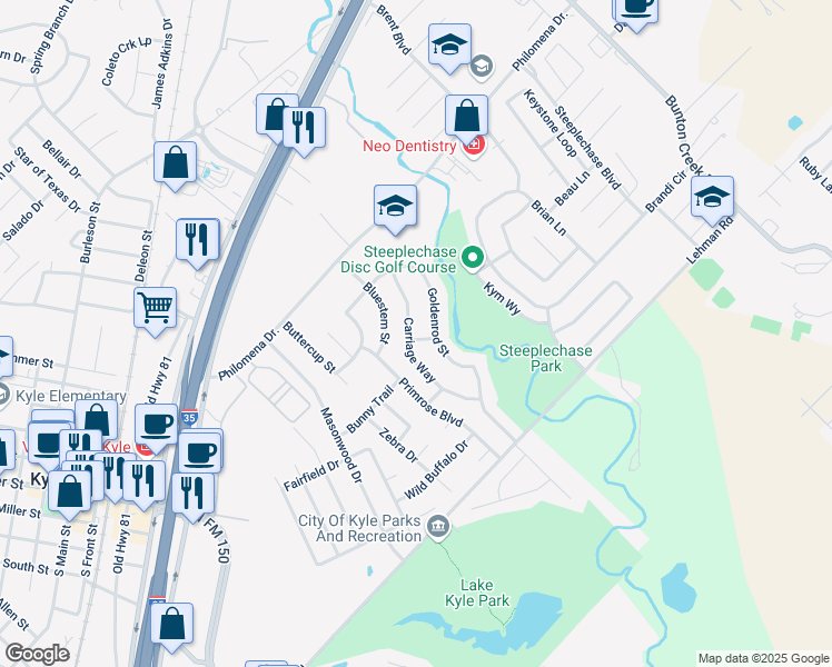 map of restaurants, bars, coffee shops, grocery stores, and more near 251 Carriage Way in Kyle