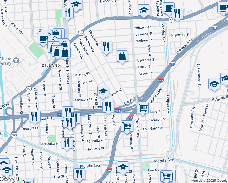 map of restaurants, bars, coffee shops, grocery stores, and more near 3506 Piedmont Dr in New Orleans