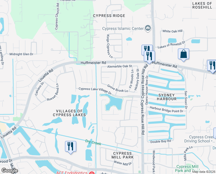 map of restaurants, bars, coffee shops, grocery stores, and more near 18503 Grove Brook Lane in Cypress