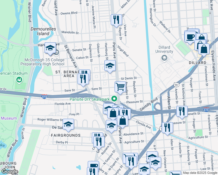 map of restaurants, bars, coffee shops, grocery stores, and more near 3602 Hamburg Street in New Orleans