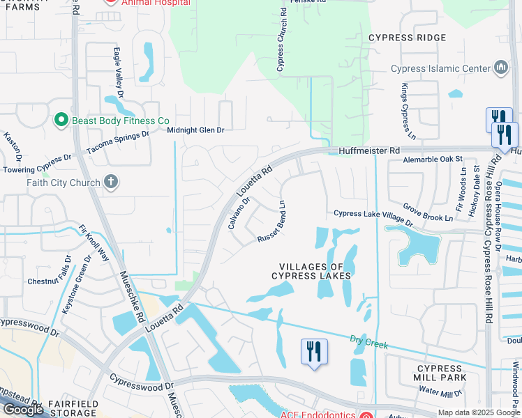 map of restaurants, bars, coffee shops, grocery stores, and more near 19027 Sweet Springs Lane in Cypress