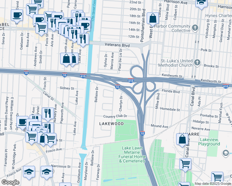 map of restaurants, bars, coffee shops, grocery stores, and more near 5659 Marcia Avenue in New Orleans