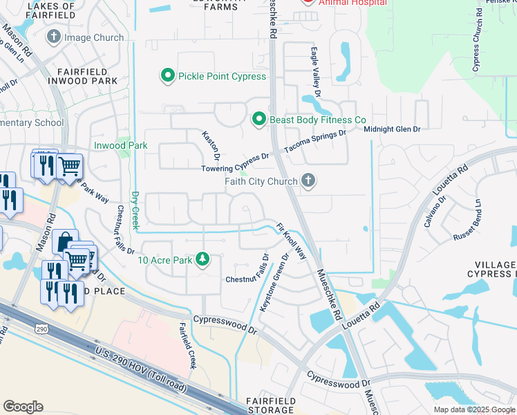 map of restaurants, bars, coffee shops, grocery stores, and more near 14919 Hope Hills Lane in Cypress