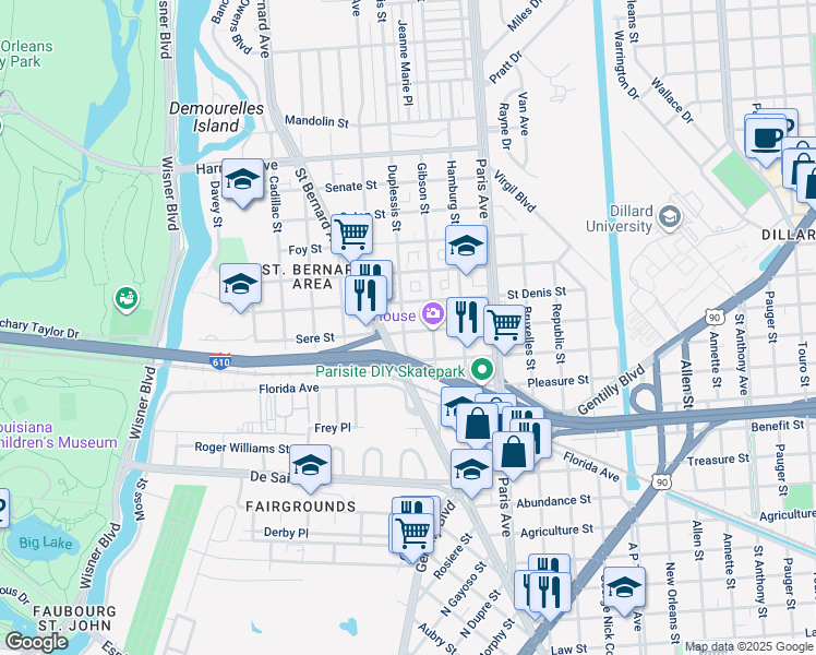 map of restaurants, bars, coffee shops, grocery stores, and more near 3603 Duplessis Street in New Orleans