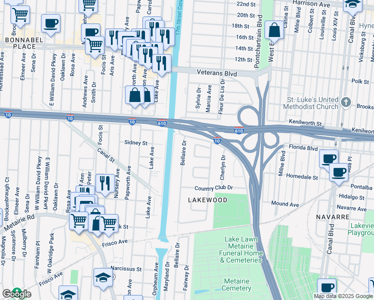 map of restaurants, bars, coffee shops, grocery stores, and more near 5669 Evelyn Court in New Orleans