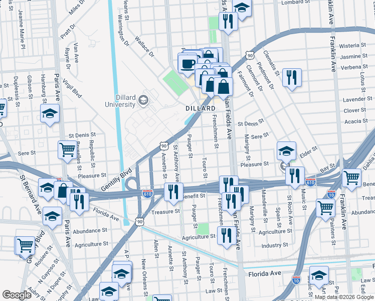 map of restaurants, bars, coffee shops, grocery stores, and more near 2015 Lafreniere Street in New Orleans