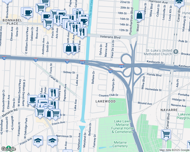 map of restaurants, bars, coffee shops, grocery stores, and more near 5669 Evelyn Court in New Orleans