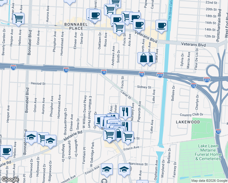 map of restaurants, bars, coffee shops, grocery stores, and more near 800 Rue Rampart in Metairie