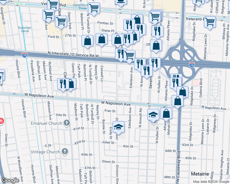 map of restaurants, bars, coffee shops, grocery stores, and more near 3709 Canterbury Lane in Metairie