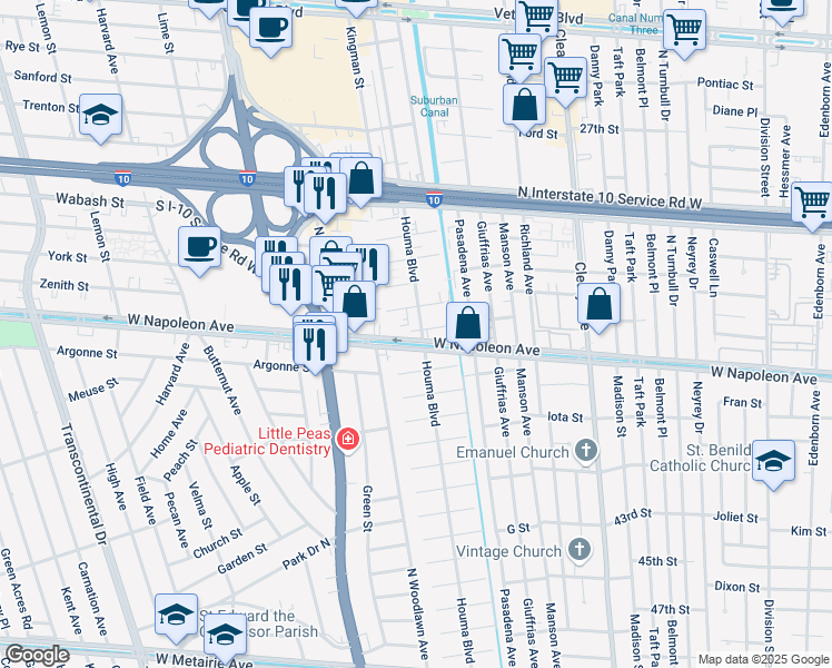 map of restaurants, bars, coffee shops, grocery stores, and more near 1265 West Napoleon Avenue in Metairie