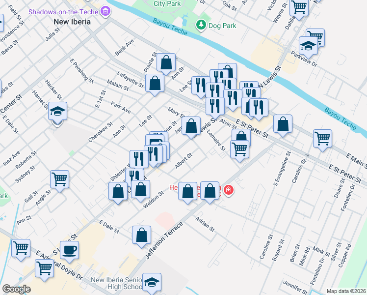 map of restaurants, bars, coffee shops, grocery stores, and more near 511-513 South Lewis Street in New Iberia