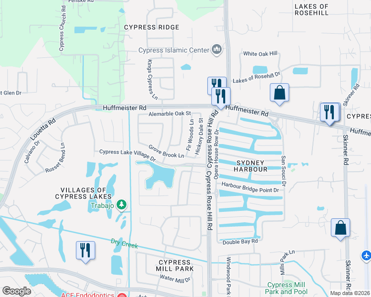 map of restaurants, bars, coffee shops, grocery stores, and more near 15315 Fir Woods Ln in Cypress