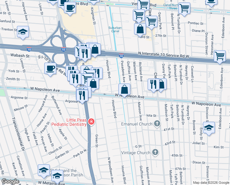 map of restaurants, bars, coffee shops, grocery stores, and more near 4204 Eureka Street in Metairie