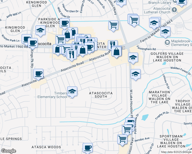 map of restaurants, bars, coffee shops, grocery stores, and more near 7227 Pine Bower Ct in Humble