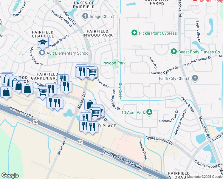 map of restaurants, bars, coffee shops, grocery stores, and more near 15107 Hillside Park Way in Cypress