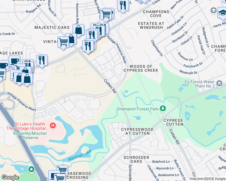 map of restaurants, bars, coffee shops, grocery stores, and more near 11166 Vintage Preserve Parkway in Houston
