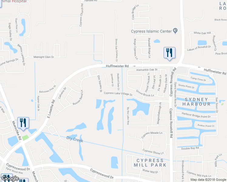 map of restaurants, bars, coffee shops, grocery stores, and more near 18630 Cypress Lake Village Drive in Cypress
